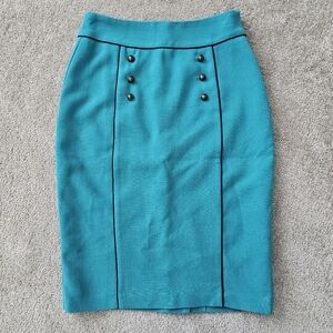 DownEast Teal Pencil Skirt with decorative brass button and corset ribbon detail